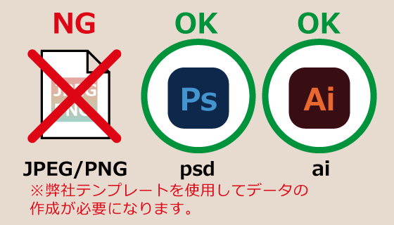 JPEG・PNG（画像のみでも対応可能）、psdデータ、aiデータで入稿OK