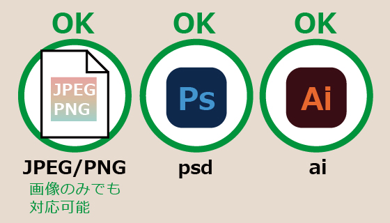 JPEG・PNG（画像のみでも対応可能）、psdデータ、aiデータで入稿OK